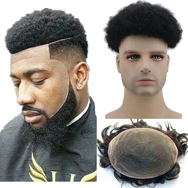 Imagem de N.L.W. Peruca Afro Masculina, Cabelo Cacheado, Crespo, Sistema De Substituição Para Cabelos Humanos, 25X20 Cm. Nº 1, Preto Azeviche