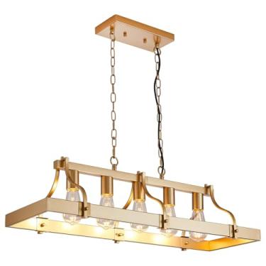 Imagem de Feohak Lustres Modernos Para Sala De Jantar, Luminária Ilha Cozinha Em Metal Dourado Com 5 Luzes Estilo Fazenda, Pingente Teto Retangular Linear Elegante