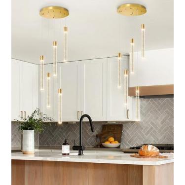 Imagem de dolria Lustre De Cristal Moderno Para Ilha Cozinha, 5 Luzes Pendentes Led, Iluminação Sala Jantar, Teto Regulável, 3000K-6000K