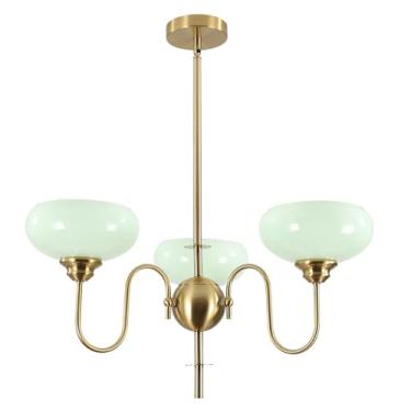 Imagem de BOKT Lustre Sputnik Verde De 3 Luzes, Luminária Pendente Moderna Meados Do Século, Com Abajur Vidro Globo, Latão, Teto Alto Dourado Para Sala Estar, Ilha, Casa Fazenda