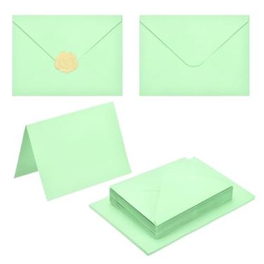 Imagem de PATIKIL Pacote com 20 envelopes verdes claros 10 x 15 cm com cartões, envelopes A6 de aba em V com cartolina e adesivos dourados para cartões comemorativos de casamento, convites de aniversário, carta