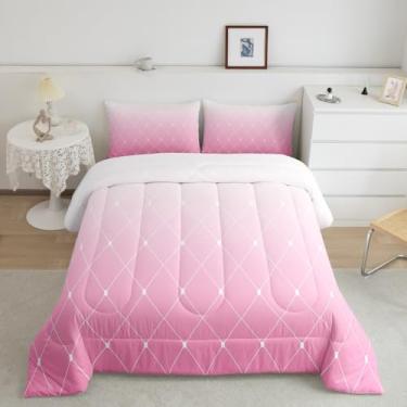 Imagem de jejeloiu Conjunto de edredom geométrico rosa branco ombré, tamanho casal, para decoração de quarto de crianças, meninos, meninas, adolescentes, edredom moderno, microfibra macia