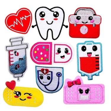 Imagem de Minason Remendos bordados com ferro: 9 peças sortidas caixa médica pílulas sorridentes sangue EMT enfermeira costurar/passar a ferro em apliques acessórios para roupas jeans vestido mochilas, Mdeical