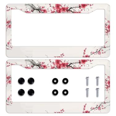 Imagem de Moldura de placa de licença de flor de cerejeira lindas flores placa de carro personalizado aço inoxidável placas de carro engraçadas molduras decorativas para homens e mulheres 31 x 15,7 cm 2 peças