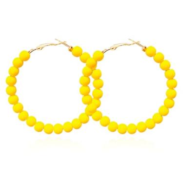 Imagem de QUPENGXU Brincos de argola elegantes boêmios com contas coloridas, círculos, redondos, para mulheres, minimalistas, festa geométrica dos anos 80, trumpet, Madeira, Sem pedra preciosa