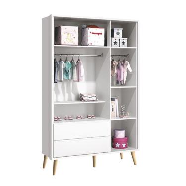 Imagem de Dormitório Completo Infantil Theo 3 Portas, Cômoda 6 Gavetas, Berço com Pés Madeira Natural e Colchão D18 - Reller Móveis Branco Fosco