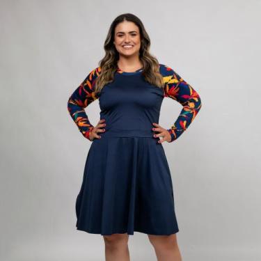 Imagem de Maiô Vestido Plus Size Feminino Manga Longa Raglan Estampado + Short S