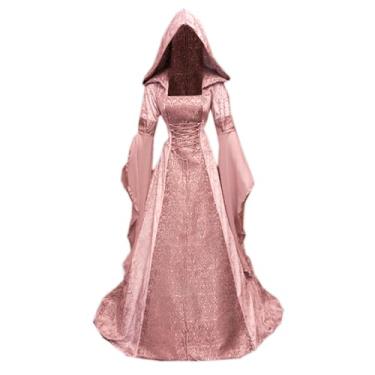 Imagem de Kahbin Vestido gótico feminino com capuz, espartilho medieval, vestido renascentista, vestido vitoriano, fantasia de Halloween (rosa, grande)