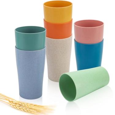Imagem de Conjunto de 8 copos de palha de trigo, copos de plástico reutilizáveis para cozinha, acampamento, conjunto de copos inquebráveis, copos de água sem BPA para leite, café, suco, lava-louças e