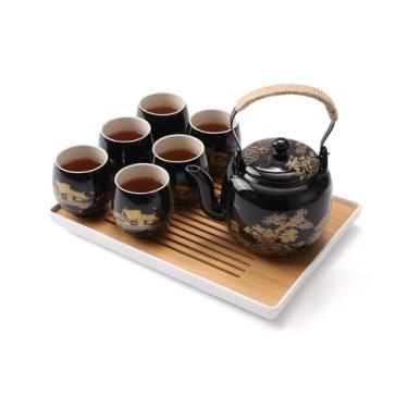 Imagem de Dujust Conjunto de chá japonês, conjunto de chá de porcelana preta com 1 conjunto de bule de chá, 6 xícaras de chá, 1 bandeja de chá, 1 infusor de aço inoxidável, lindos conjuntos de chá asiáticos