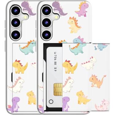 Imagem de MUQR Capa compatível com Samsung Galaxy S23+ Plus com suporte de cartão fofo - Capa tipo carteira robusta com design Kawaii, proteção contra quedas de grau militar para mulheres (dinossauros brancos