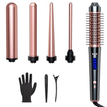 Imagem de Bo'laiya Conjunto De Modelador Cachos 5 Em 1 Com Escova E Visor Temperatura, 4 Modeladores Cerâmica Intercambiáveis (1,1 Cm - 3,3 Cm), Luva Proteção Térmica 2 Presilhas Ouro Rosa