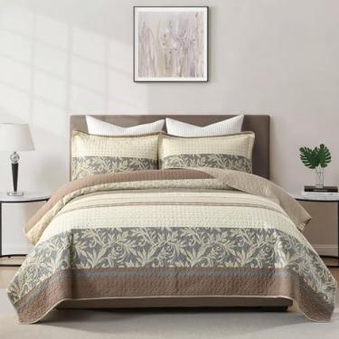 Imagem de PERHOM Conjunto de colcha queen size, 3 peças, roupa de cama queen 100% algodão acolchoada com 2 fronhas, estampa botânica pontilhada de fazenda, colcha leve reversível, marrom/bege/cinza