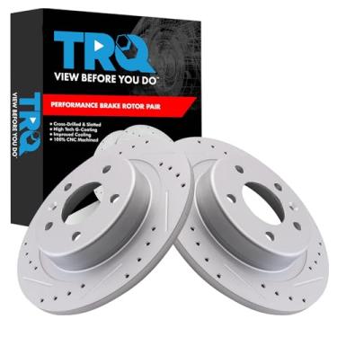 Imagem de TRQ Conjunto de rotores de freio traseiro de desempenho premium G-Coated Slotted X Drilled Compatível com 17-18 Envision 18-21 Equinox 17-19 LaCrosse 16-21 Malibu 18-20 Regal Sportback Regal TourX