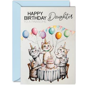 Imagem de Cartão de aniversário da filha - Balões de gatos de festa pawsome - Cartão de feliz aniversário para filha do pai mãe, cartões comemorativos de aniversário de gato fêmea A5