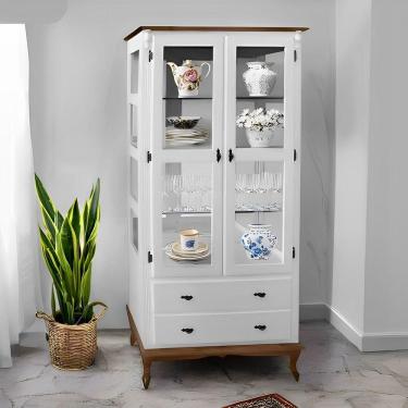 Imagem de Cristaleira De Madeira Espelho 2 Portas 3 Prateleiras 2 Gavetas Pés Luiz Xv - Branco Laca Com Tampo E Base Imbuia Glazer