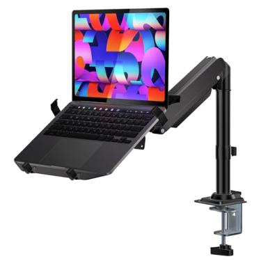 Imagem de WALI Suporte de mesa para bandeja de laptop, suporte de braço para notebook de 10 a 15,6 polegadas, braço de monitor de mola a gás 2 em 1 para tela de computador de 17 a 32 polegadas, suporta até 10