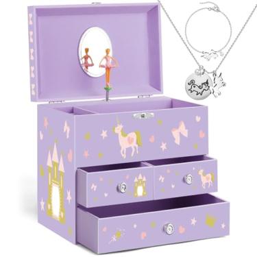 Imagem de efubaby Caixa de joias musical para meninas com 3 gavetas, brinquedos de unicórnio para meninas de 3 a 8 anos com conjunto de joias de unicórnio e bailarina giratória, caixas de música para meninas
