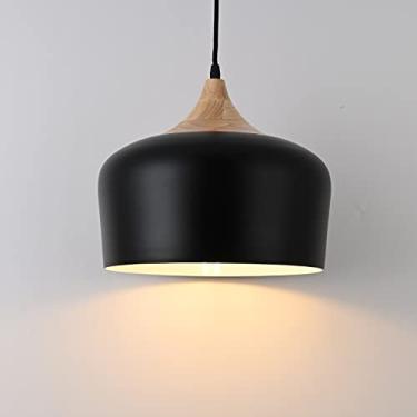 Imagem de DOTCN Luminária pendente industrial preta de 30 cm, iluminação suspensa de teto de madeira ajustável com cúpula de metal, lâmpada minimalista de fazenda para ilha de cozinha, sala de jantar, bar