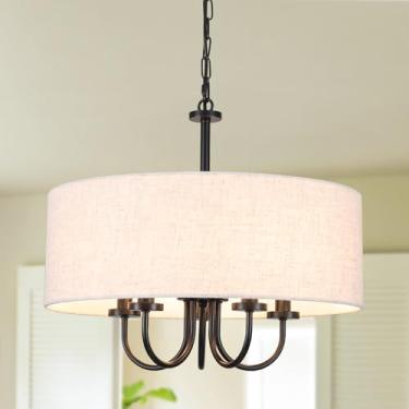 Imagem de TYNEWRGY Lustre moderno de tambor de 48 cm com persianas, luminária pendente de sombra de tambor de linho de 5 luzes, lustres brancos redondos de cozinha sobre mesa para sala de jantar quarto corredor