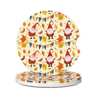 Imagem de Neukim Pacote com 2 porta-copos para copo de carro de gnomo de outono, faixa de folha colorida de 6 cm, porta-copos absorvente de cerâmica antiderrapante com base de cortiça e entalhe de dedo