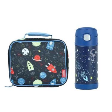 Imagem de Kit Garrafa Térmica Infantil Thermos Inox 355ml Lancheira Astronauta