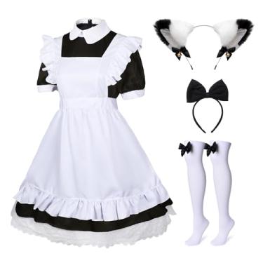 Imagem de KDVOG 5 peças de avental de empregada francesa de anime Lolita, vestido extravagante, fantasia de cosplay de Halloween, com laço de cabelo e faixa de cabelo, conjunto de meias (preto, M)
