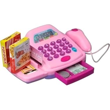 Imagem de Caixa Registradora Infantil com Calculadora, Som e Luz, Rosa, Kit com Moedas, Cartões e Cesta de Compras (Rosa)