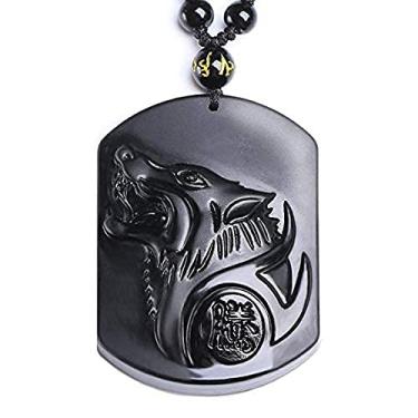 Imagem de Colar com pingente de raposa com cabeça de lobo de cristal obsidiana com corrente de contas para Wen ou Mulheres