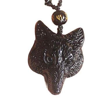 Imagem de Colar de obsidiana de obsidiana com cabeça de lobo de nove cauda de raposa e pingente com corrente de contas para wen, Pedra, Obsidiana