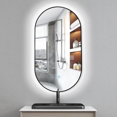 Imagem de Parede Iluminada Led Para Banheiro Oval Com Vaidade De Moldura De Metal Com Luzes 3 Cores Light Dimmable Touch Switch, Black, 40x70cm