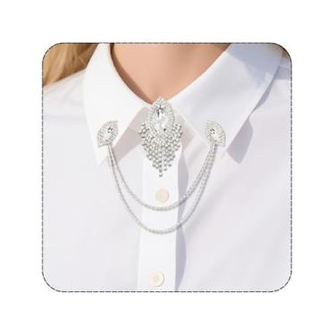 Imagem de PEARLY JUN Conjunto de alfinetes de corrente de colarinho e abotoaduras, clipes de gravata de camisa de strass de prata para mulheres e homens, broche de lapela terno xaile cardigã acessórios de