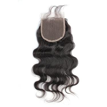 Imagem de Sent Hair Fechamento de renda ondulado 4x4, cutícula completa alinhada com cabelo humano virgem Remy, parte livre, fecho de renda suíça, cor natural 35,5 cm