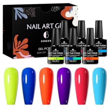 Imagem de MSRUIOO Conjunto de esmalte de gel que brilha no escuro, rosa choque, rosa, amarelo, laranja, azul, roxo, brilhante, fluorescente, 6 cores, efeito de brilho, kit de esmalte de imersão para unhas de