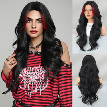 Imagem de TRUMOST Peruca feminina vermelha e preta com destaque para mulheres, peruca ondulada longa com franja de cortina, perucas sintéticas resistentes ao calor de 66 cm para uso diário, presentes de festa