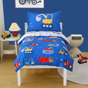 Imagem de JQWUPUP Conjunto de edredom infantil azul com desenho animado de carro, caminhão, escavadeira, 4 peças, reversível, microfibra e lençol