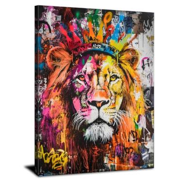 Imagem de Arte de parede de leão grafite colorido abstrato imagem animal legal África vida selvagem decoração de parede rua pop man caverna decoração engraçada cabeça de leão impressão de pintura para sala de