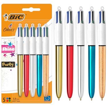 Imagem de BIC 4 canetas esferográficas retráteis Shine and Party ponta média (1,00 mm) em prata metálica, ouro, vermelho, azul e ouro gelado - Pacote com 5