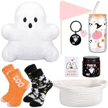 Imagem de LemonRoad 9 peças Boo Basket Stuffers para mulheres Halloween Boo Basket Items Gift Set Ghost Plush Toy assustador copo de vidro meias para mulheres adultos esposa namorada sua irmã amiga (moda)