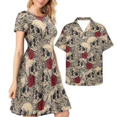 Imagem de AmzPrint Camisa e vestido de Natal para casais, elegante, manga curta, gola redonda, coquetel, festa verde, vestido rodado de Natal, Crânio de açúcar, 4G