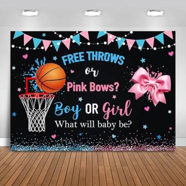 Imagem de Fitumiw Lances livres ou arcos rosa fundo revelador de gênero 3 x 2,1 m laços de basquete revelação de gênero decorações de festa fundo menino ou menina ele ou ela banner adereços de cabine de fotos