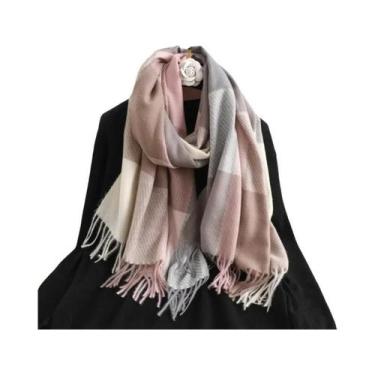 Imagem de Lenço Feminino Xadrez de Caxemira - Pashmina Quente com Franjas, Wt11,