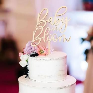 Imagem de Topo de bolo de madeira para bebê em flor, decoração de bolo de aniversário para chá de bebê, decoração de bolo revelação de gênero, pingente de bolo para decoração de festa de 1º aniversário