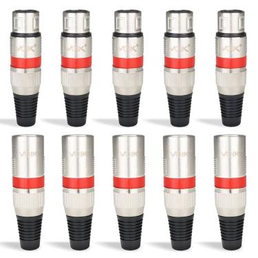 Imagem de Kit 10 Conectores XLR Macho e Fêmea Voik PVK-MV Metal Vermelho