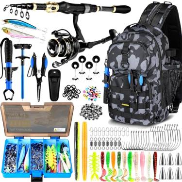 Imagem de PLUSINNO Mochila de pesca com vara de pesca e caixas de equipamentos, bolsa de equipamentos à prova d'água para equipamento de peixe com suporte de vara, presentes para homens com iscas, alicates