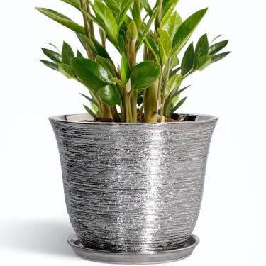 Imagem de SUNPOTFOR Vaso de plantas de 25,4 cm - Vaso de cerâmica com orifício de drenagem e pires de plantas, vaso redondo para ambientes internos e externos, vasos de flores decorativos grandes e modernos