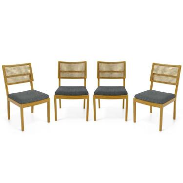 Imagem de Kit Com 4 Cadeiras Milena Madeira Maciça Assentos Estofados Encostos De Tela Palha Sextavada Linho Chumbo 406