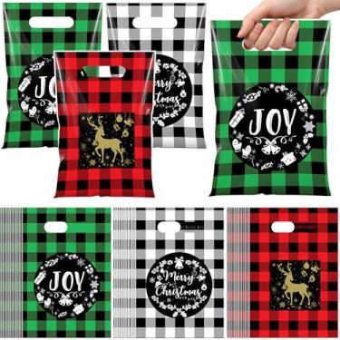 Imagem de Funrous 48 peças de sacos de presente de plástico de Natal a granel de Natal vermelho verde xadrez com alça bolsas de guloseimas preto e branco decoração de grade para Natal, inverno, férias