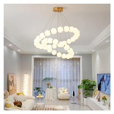 Imagem de - Lustre de teto LED de anel redondo acrílico dourado compatível com sala de jantar, mesa central, quarto, luminária pendente, decoração, luminária, lustre