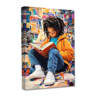 Imagem de QIXIANG Black Boy Canvas Wall Art Africano Criança Leitura Livro Impressão Quadro Afro-Americano Quadro Decoração de Parede para Quarto Infantil Biblioteca Emoldurada (Laranja, 45,7 cm C x 30,5 L)